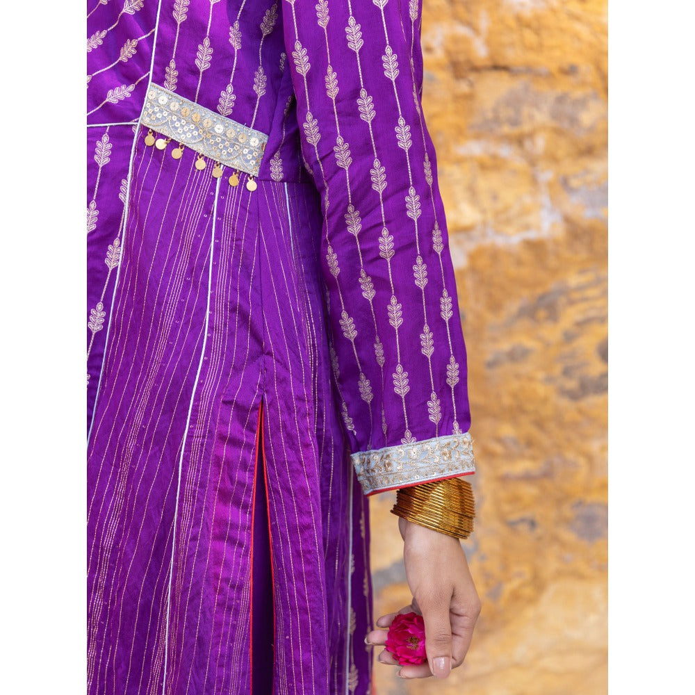 Myaara Purple Embroidered Zari A-Line Kurta with Pant and Organza Dupatta (Set of 3)