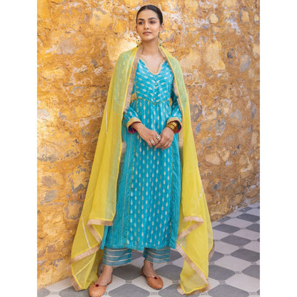 Myaara Blue Embroidered Zari A-Line Kurta with Pant and Dupatta (Set of 3)