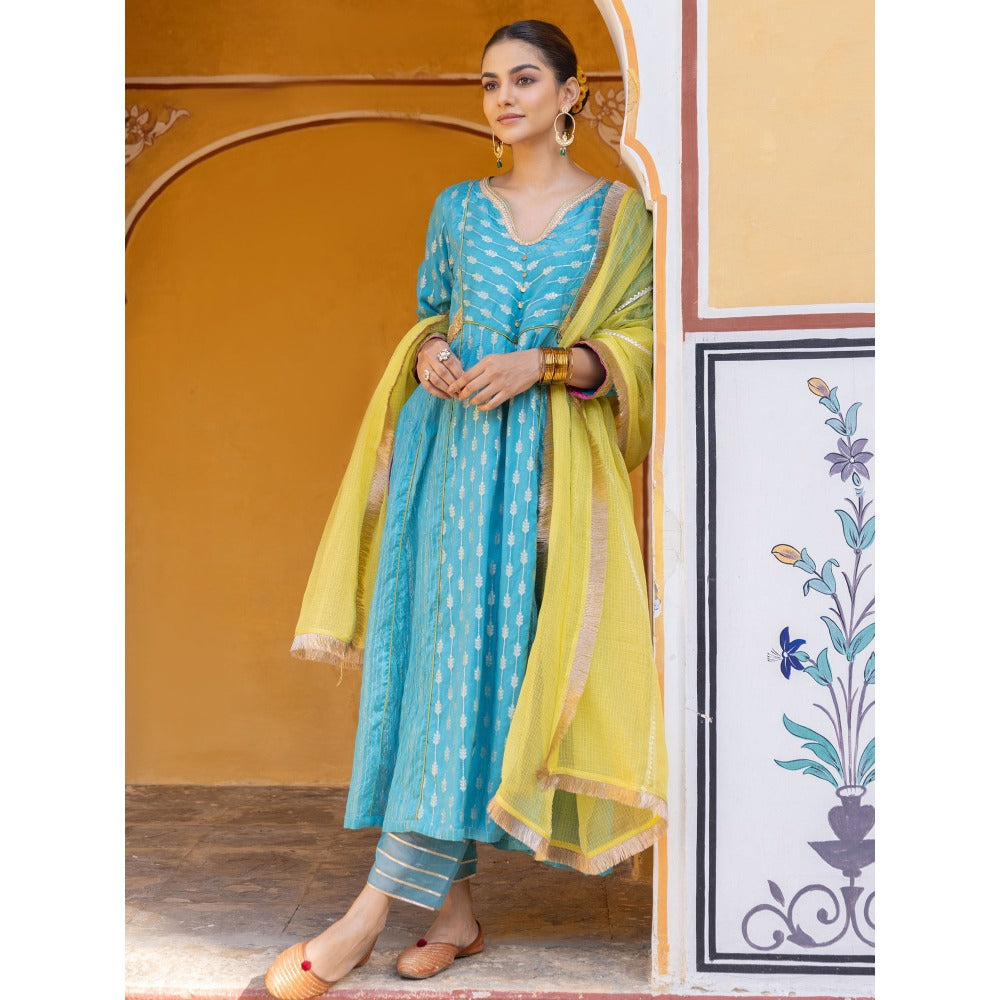 Myaara Blue Embroidered Zari A-Line Kurta with Pant and Dupatta (Set of 3)