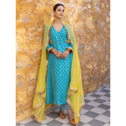 Myaara Blue Embroidered Zari A-Line Kurta with Pant and Dupatta (Set of 3)