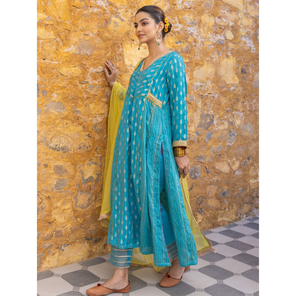 Myaara Blue Embroidered Zari A-Line Kurta with Pant and Dupatta (Set of 3)
