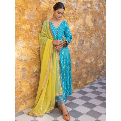 Myaara Blue Embroidered Zari A-Line Kurta with Pant and Dupatta (Set of 3)