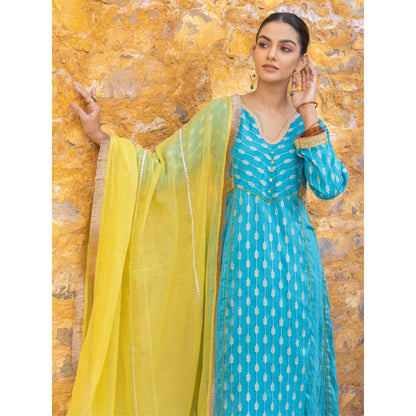 Myaara Blue Embroidered Zari A-Line Kurta with Pant and Dupatta (Set of 3)