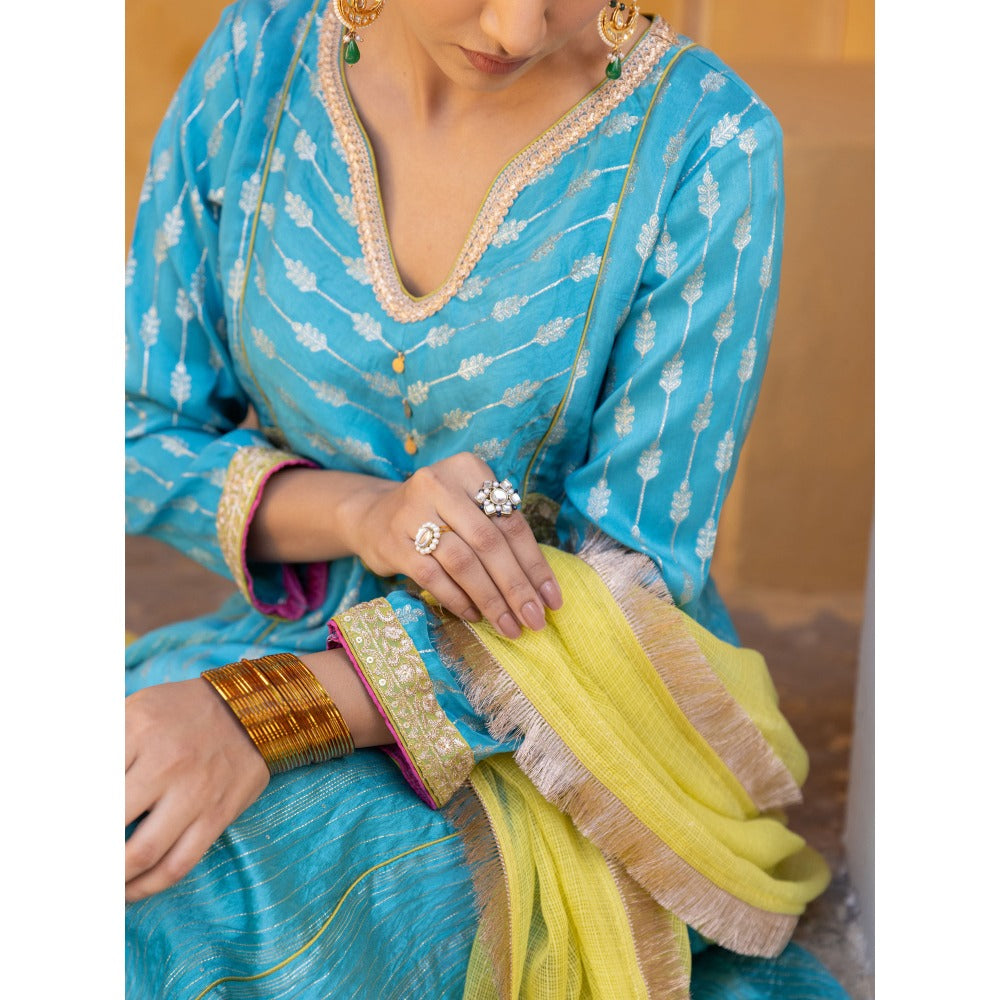 Myaara Blue Embroidered Zari A-Line Kurta with Pant and Dupatta (Set of 3)