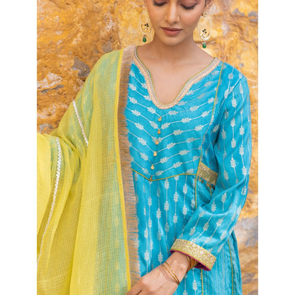 Myaara Blue Embroidered Zari A-Line Kurta with Pant and Dupatta (Set of 3)