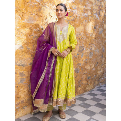 Myaara Lime Green Sequined Anarkali Kurta with Pant and Dupatta (Set of 3)