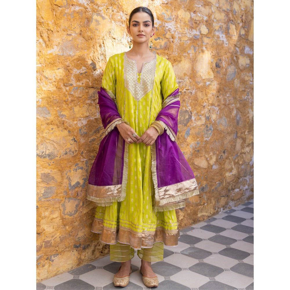 Myaara Lime Green Sequined Anarkali Kurta with Pant and Dupatta (Set of 3)
