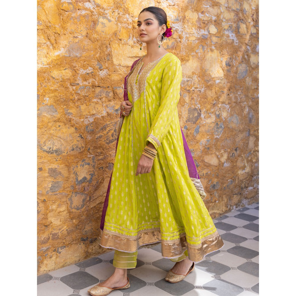 Myaara Lime Green Sequined Anarkali Kurta with Pant and Dupatta (Set of 3)