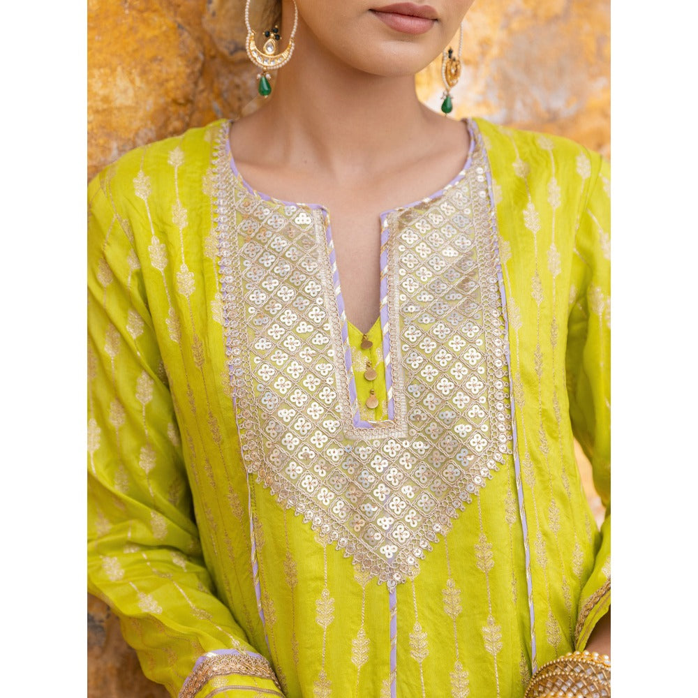 Myaara Lime Green Sequined Anarkali Kurta with Pant and Dupatta (Set of 3)