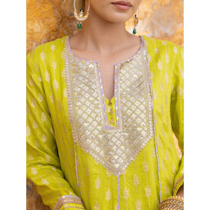Myaara Lime Green Sequined Anarkali Kurta with Pant and Dupatta (Set of 3)