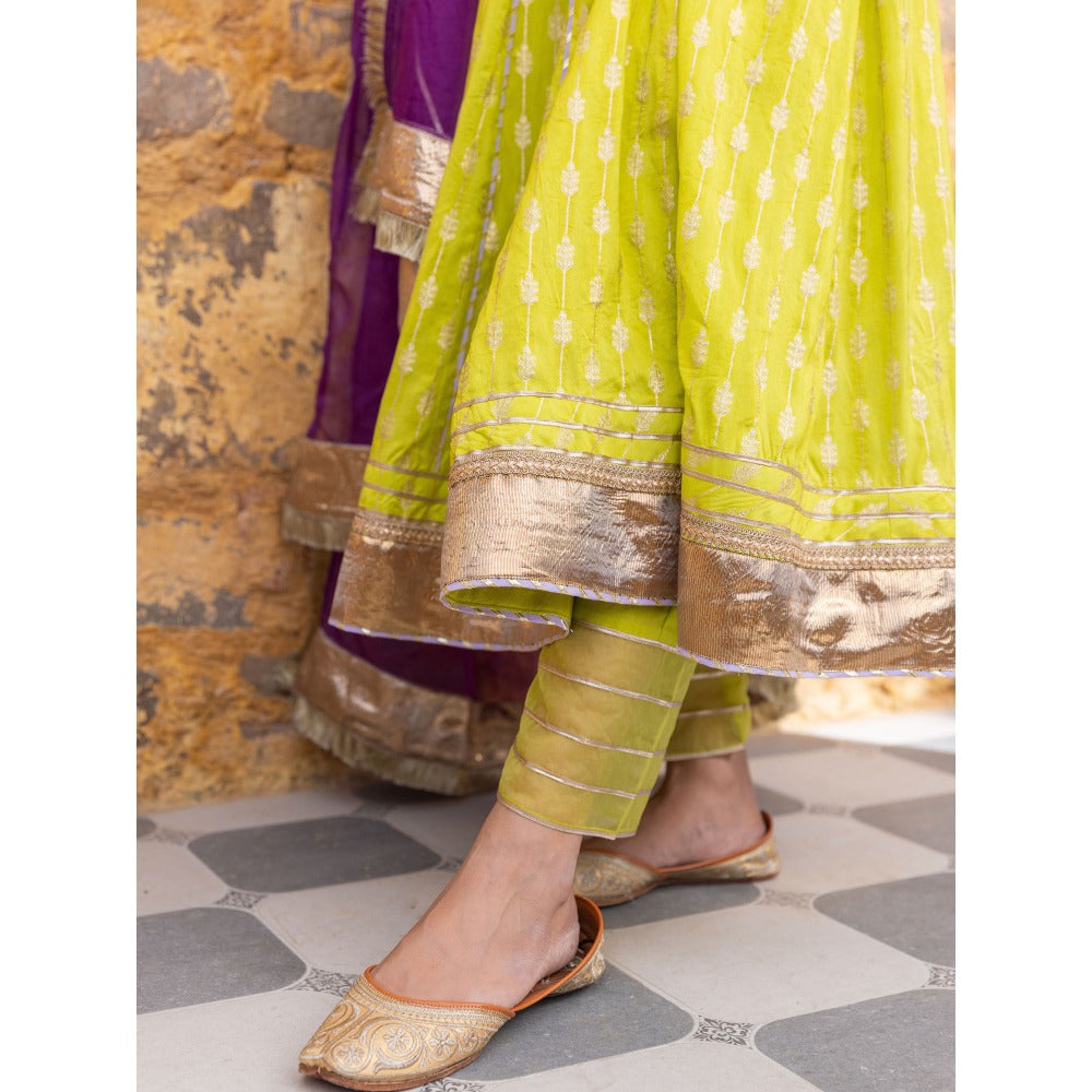 Myaara Lime Green Sequined Anarkali Kurta with Pant and Dupatta (Set of 3)