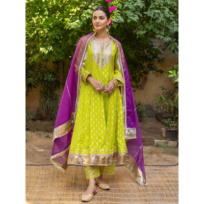 Myaara Lime Green Sequined Anarkali Kurta with Pant and Dupatta (Set of 3)