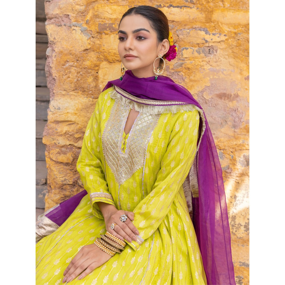 Myaara Lime Green Sequined Anarkali Kurta with Pant and Dupatta (Set of 3)