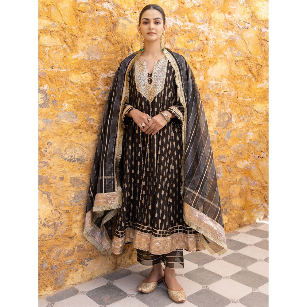 Myaara Black Sequined Anarkali Kurta with Pant and Dupatta (Set of 3)