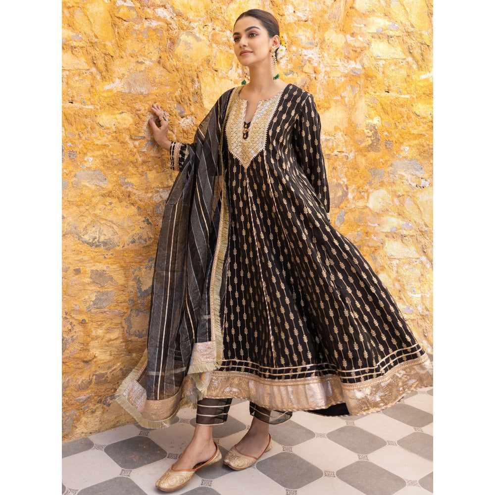 Myaara Black Sequined Anarkali Kurta with Pant and Dupatta (Set of 3)