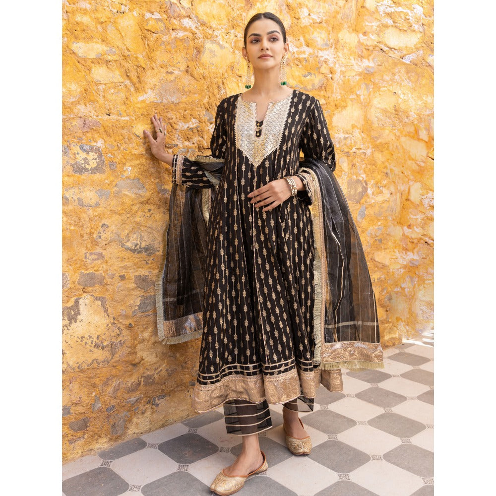 Myaara Black Sequined Anarkali Kurta with Pant and Dupatta (Set of 3)