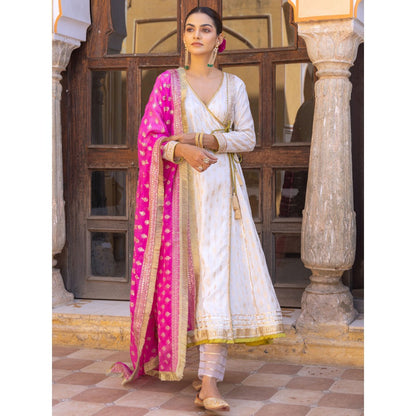 Myaara White Embroidered Ethnic Angrakha Kurta with Pant and Dupatta (Set of 3)