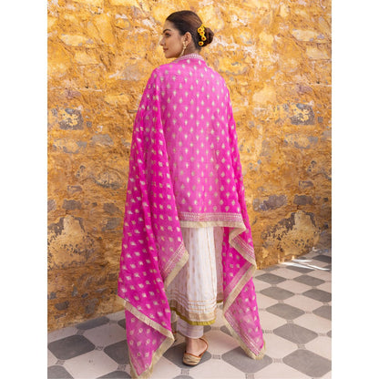 Myaara White Embroidered Ethnic Angrakha Kurta with Pant and Dupatta (Set of 3)