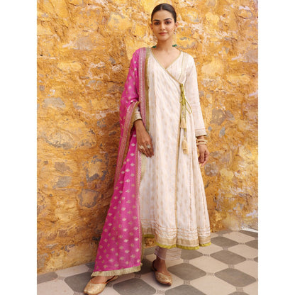 Myaara White Embroidered Ethnic Angrakha Kurta with Pant and Dupatta (Set of 3)