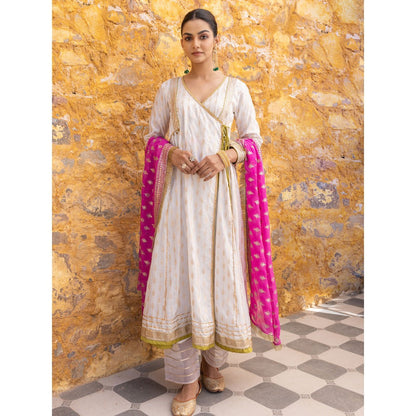 Myaara White Embroidered Ethnic Angrakha Kurta with Pant and Dupatta (Set of 3)