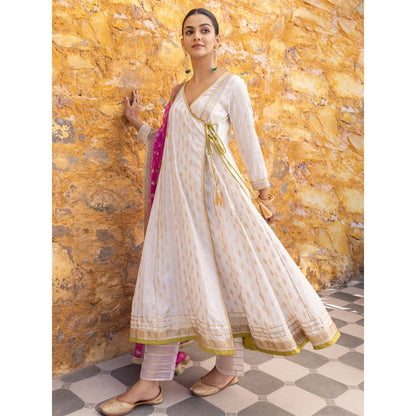 Myaara White Embroidered Ethnic Angrakha Kurta with Pant and Dupatta (Set of 3)