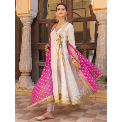 Myaara White Embroidered Ethnic Angrakha Kurta with Pant and Dupatta (Set of 3)