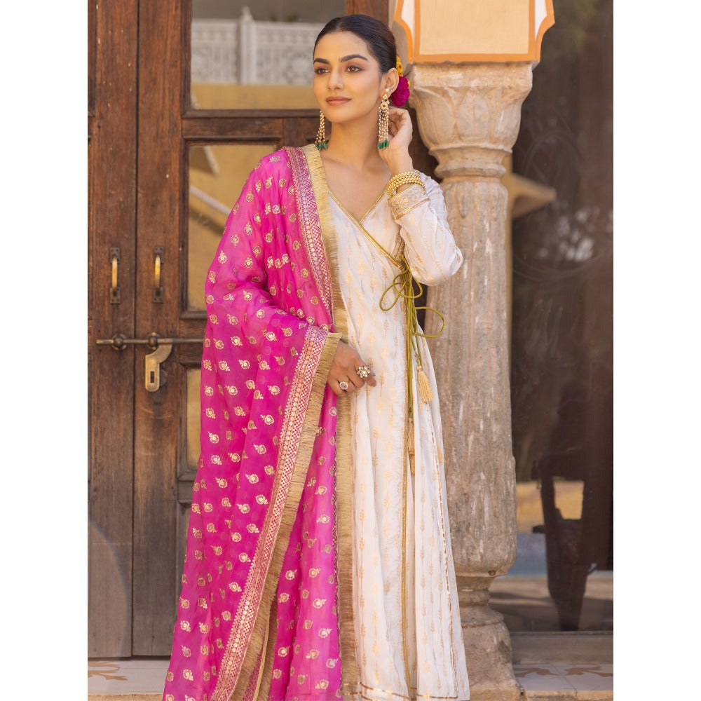 Myaara White Embroidered Ethnic Angrakha Kurta with Pant and Dupatta (Set of 3)