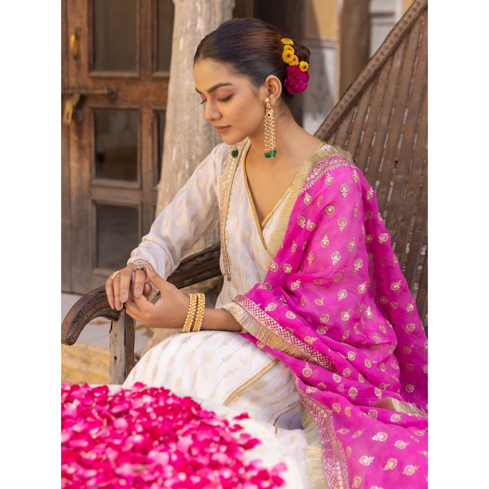 Myaara White Embroidered Ethnic Angrakha Kurta with Pant and Dupatta (Set of 3)