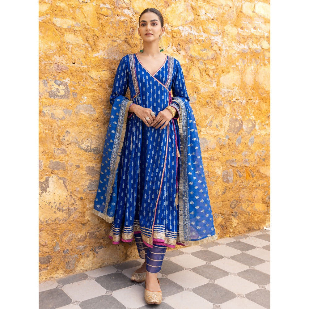 Myaara Royal Blue Embroidered Ethnic Angrakha Kurta with Pant and Dupatta (Set of 3)