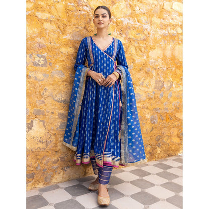 Myaara Royal Blue Embroidered Ethnic Angrakha Kurta with Pant and Dupatta (Set of 3)