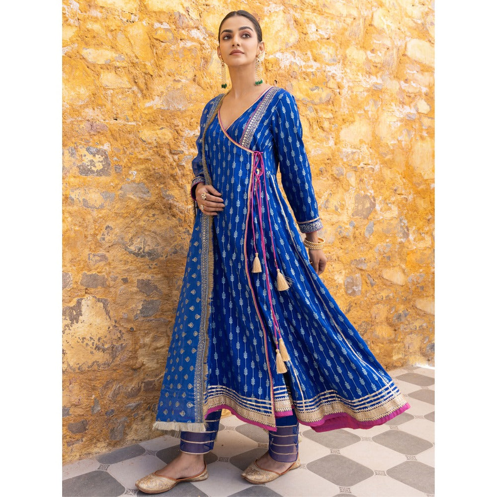 Myaara Royal Blue Embroidered Ethnic Angrakha Kurta with Pant and Dupatta (Set of 3)