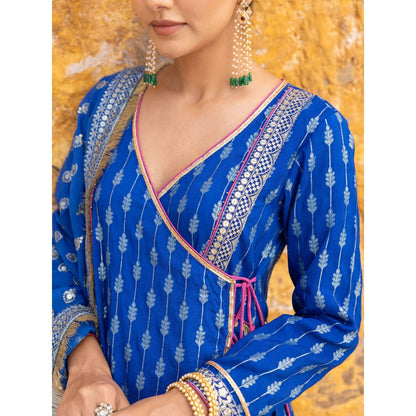 Myaara Royal Blue Embroidered Ethnic Angrakha Kurta with Pant and Dupatta (Set of 3)