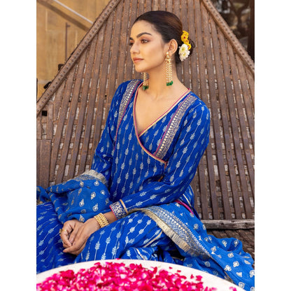 Myaara Royal Blue Embroidered Ethnic Angrakha Kurta with Pant and Dupatta (Set of 3)