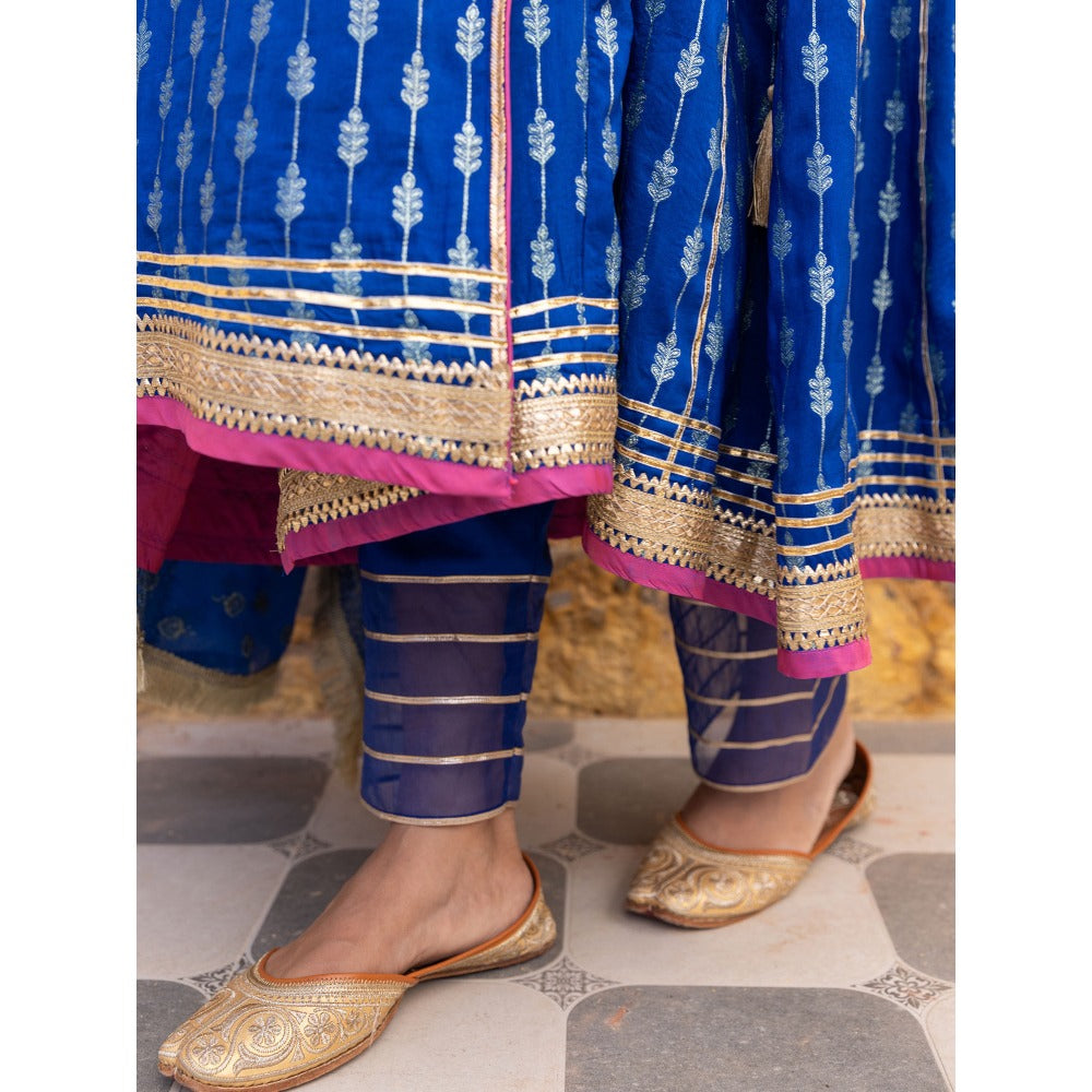 Myaara Royal Blue Embroidered Ethnic Angrakha Kurta with Pant and Dupatta (Set of 3)