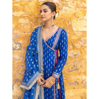 Myaara Royal Blue Embroidered Ethnic Angrakha Kurta with Pant and Dupatta (Set of 3)