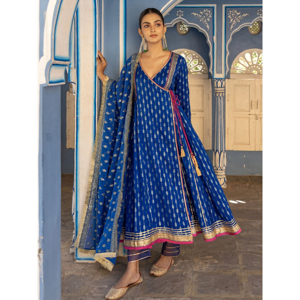 Myaara Royal Blue Embroidered Ethnic Angrakha Kurta with Pant and Dupatta (Set of 3)