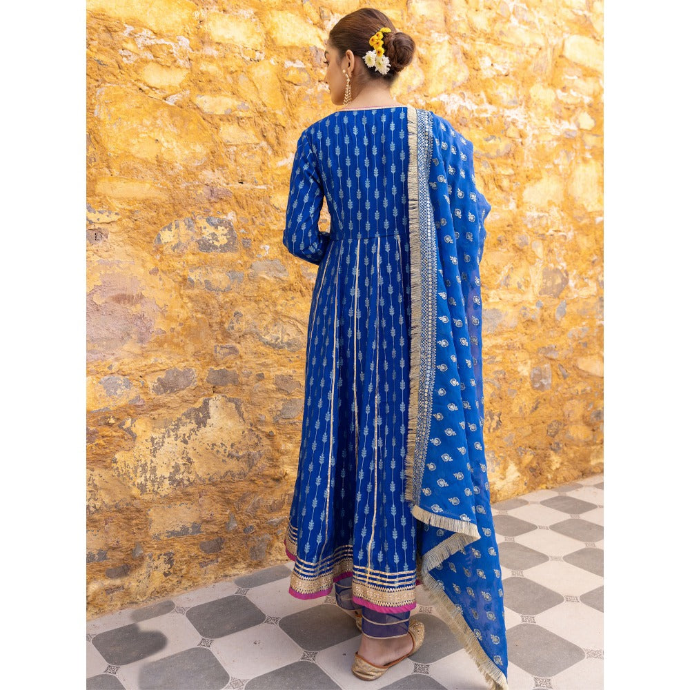 Myaara Royal Blue Embroidered Ethnic Angrakha Kurta with Pant and Dupatta (Set of 3)