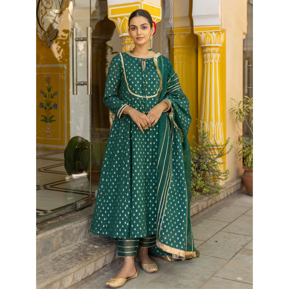 Myaara Emerald Green Embellished Anarkali Kurta with Pant and Dupatta (Set of 3)