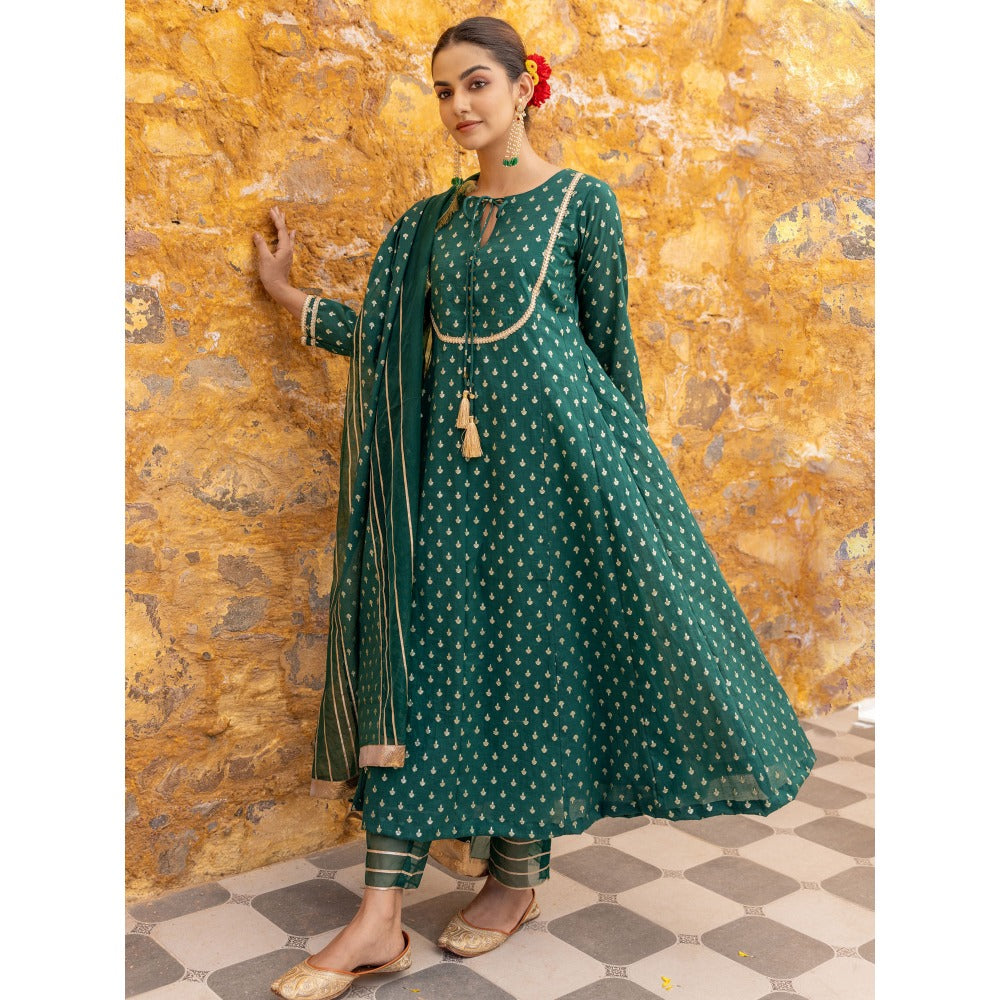 Myaara Emerald Green Embellished Anarkali Kurta with Pant and Dupatta (Set of 3)
