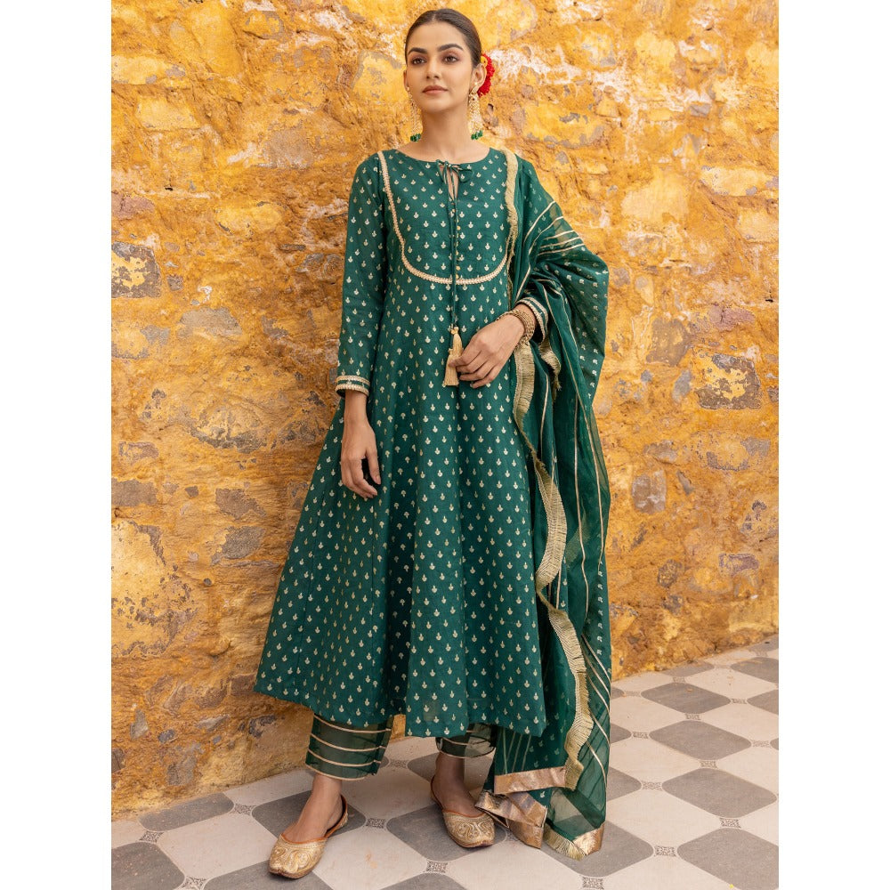 Myaara Emerald Green Embellished Anarkali Kurta with Pant and Dupatta (Set of 3)