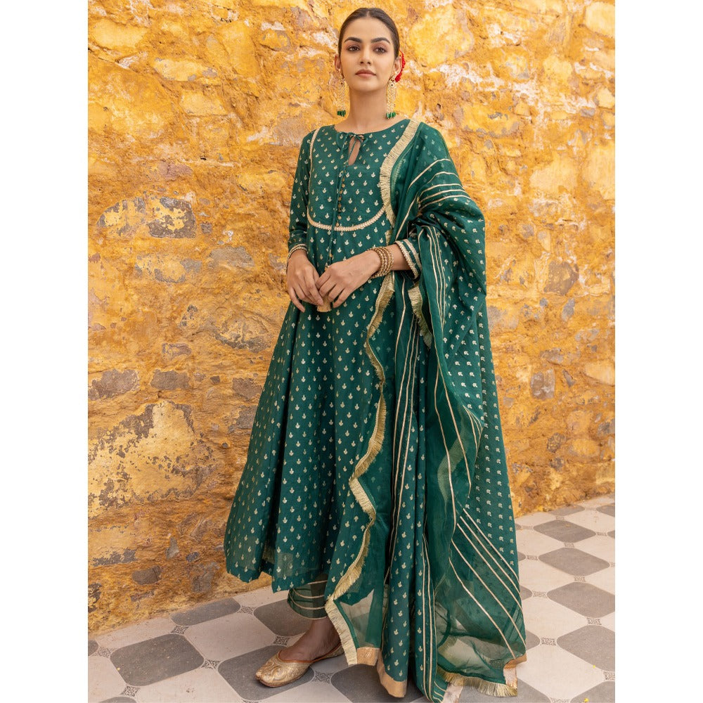 Myaara Emerald Green Embellished Anarkali Kurta with Pant and Dupatta (Set of 3)