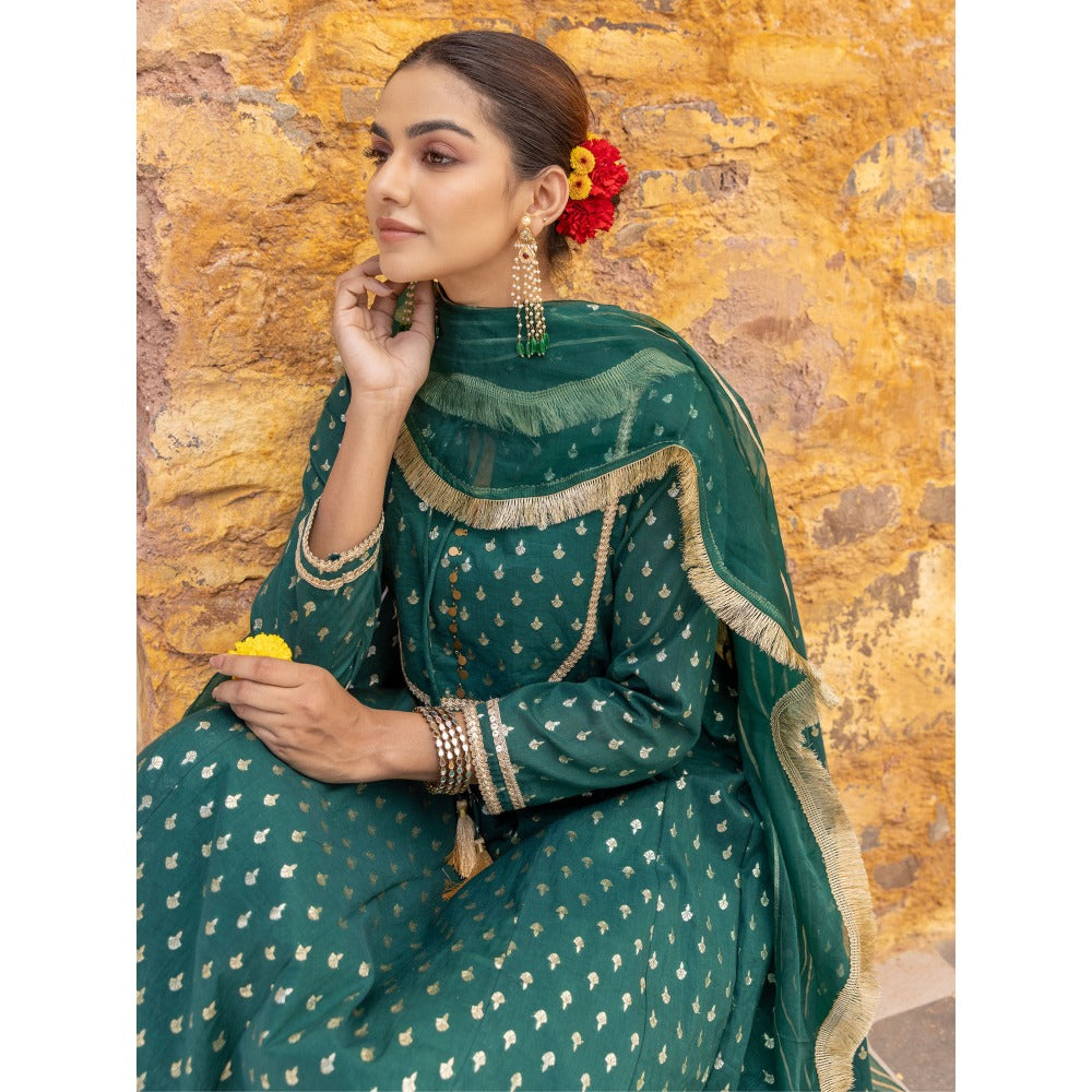 Myaara Emerald Green Embellished Anarkali Kurta with Pant and Dupatta (Set of 3)