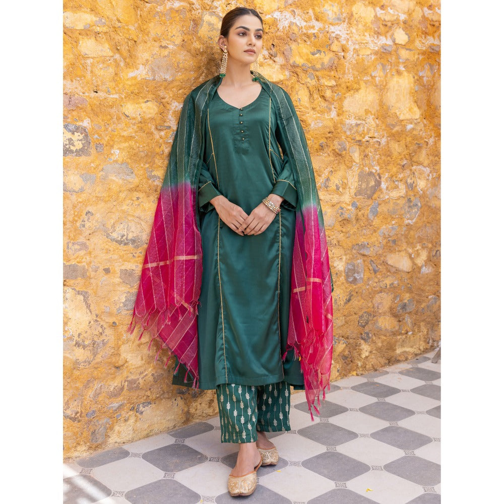 Myaara Forest Green Embroidered A-Line Kurta with Pant and Dupatta (Set of 3)