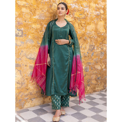 Myaara Forest Green Embroidered A-Line Kurta with Pant and Dupatta (Set of 3)