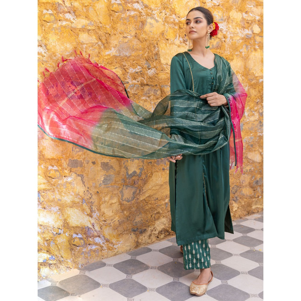 Myaara Forest Green Embroidered A-Line Kurta with Pant and Dupatta (Set of 3)