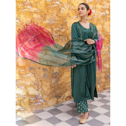 Myaara Forest Green Embroidered A-Line Kurta with Pant and Dupatta (Set of 3)