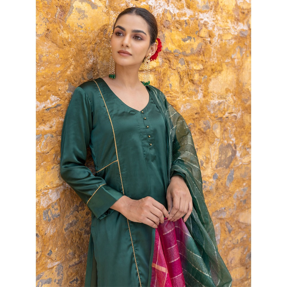 Myaara Forest Green Embroidered A-Line Kurta with Pant and Dupatta (Set of 3)