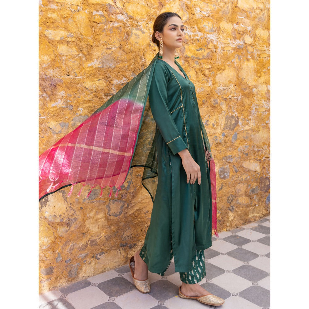 Myaara Forest Green Embroidered A-Line Kurta with Pant and Dupatta (Set of 3)