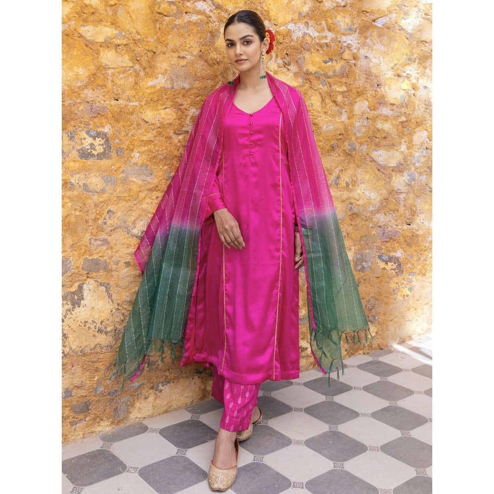 Myaara Fuchsia Pink Embroidered A-Line Kurta with Pant and Dupatta (Set of 3)