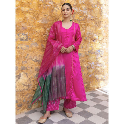 Myaara Fuchsia Pink Embroidered A-Line Kurta with Pant and Dupatta (Set of 3)